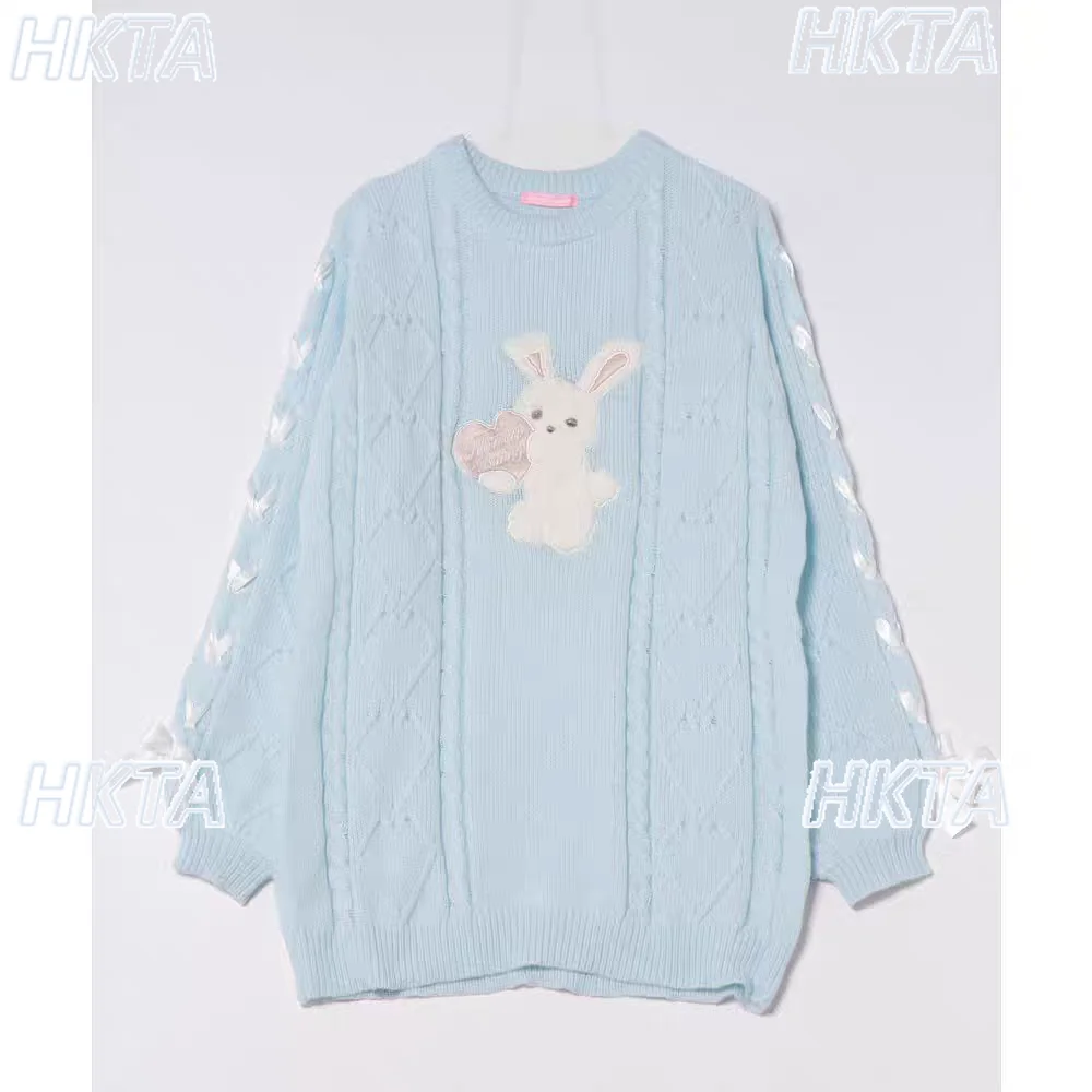 Estilo japonés Patchwork dibujos animados lindo conejo esponjoso suéter de punto vestido de mujer 2025 invierno nuevo dulce Lolita suéteres de longitud media