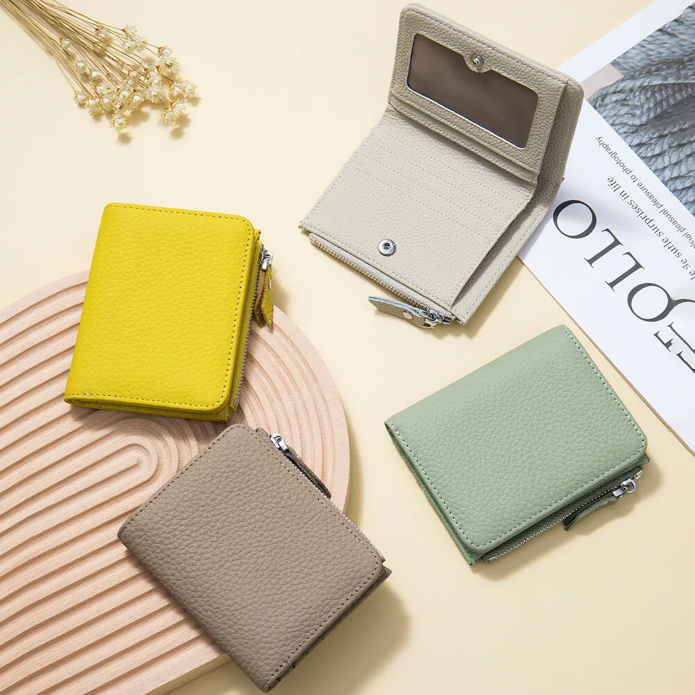 Dompet Pendek Lucu Pria Wanita Kulit Asli Dompet Koin Ritsleting Gaya Sederhana Tempat Kartu Kredit Bank Rfid Tas Uang Kecil Ramping