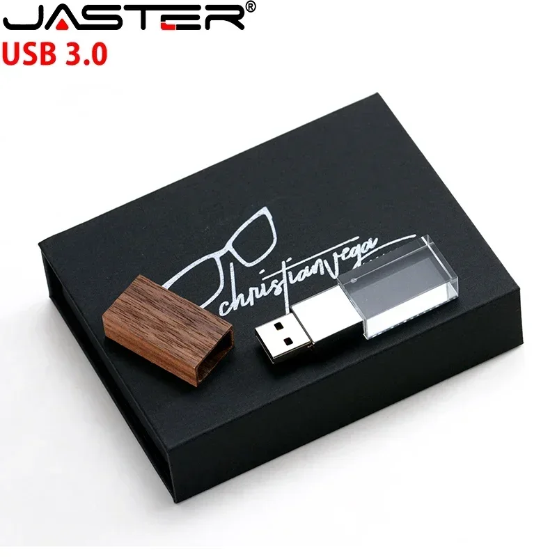 JASTER USB 3.0 Flash Drive Colour Print Box Pen Drive Wood Crystal Memory Stick Free Custom Logo Pendrive 32GB 64GB 128GB U Disk