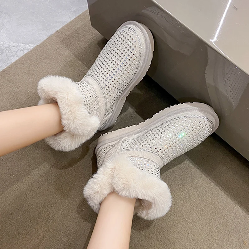 Women\'s Rubber Boots Plush Boots-Women Crystal  Bling Bling Flat Heel Australia Round Toe Female Shoes Rain Fur Low 2023 Leather