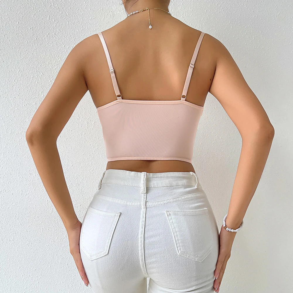 Chic French Style Floral Embroidery Camisole Streetwear Mesh Lace Print Wrapped Chest Camisole Tank Top with Sheer Details