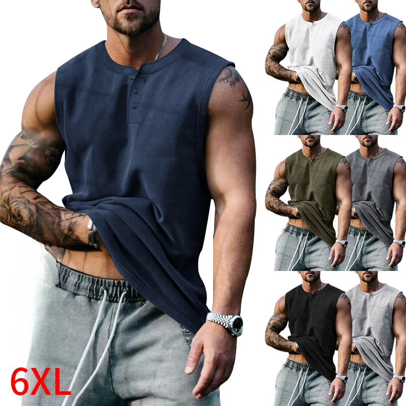 Summer Men's Sleeveless Wide Shoulder Tank Top Large Round Neck Slim Fit Kam Shoulder Solid Color T-shirt for Men