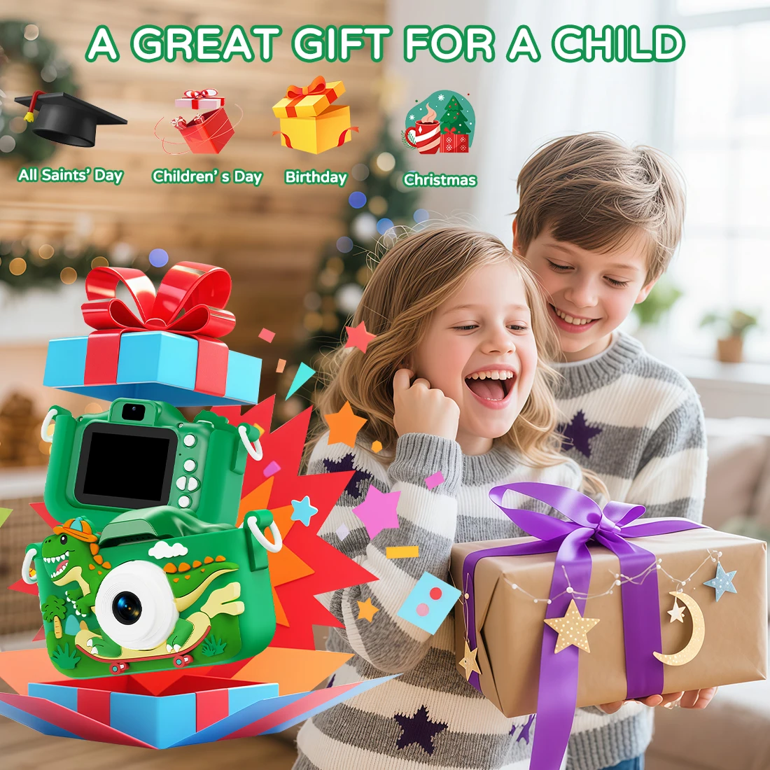 Kinder-Digitalkamera mit Dinosaurier-Motiv, 1080P HD, Mini-Kamera, Spielzeug für Vlogging und Fotografie, perfektes Weihnachts- oder Geburtstagsgeschenk – Detail 8