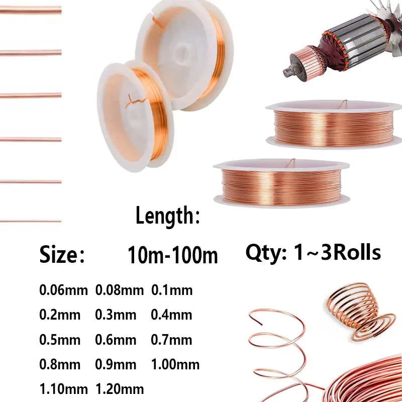 Enameled Coppers Wire 0.06mm-1.2mm 3-1 Rolls Magnet Winding Wire Coil Cable Coppers Lacquer Wire 10-100 Meters Long