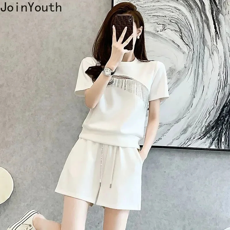 Korean Tracksuit Two Piece Set Women Short Sleeve Hollow Out Tassel Tshirts Chic Casual Shorts Outfits Summer Sets Roupas Femme