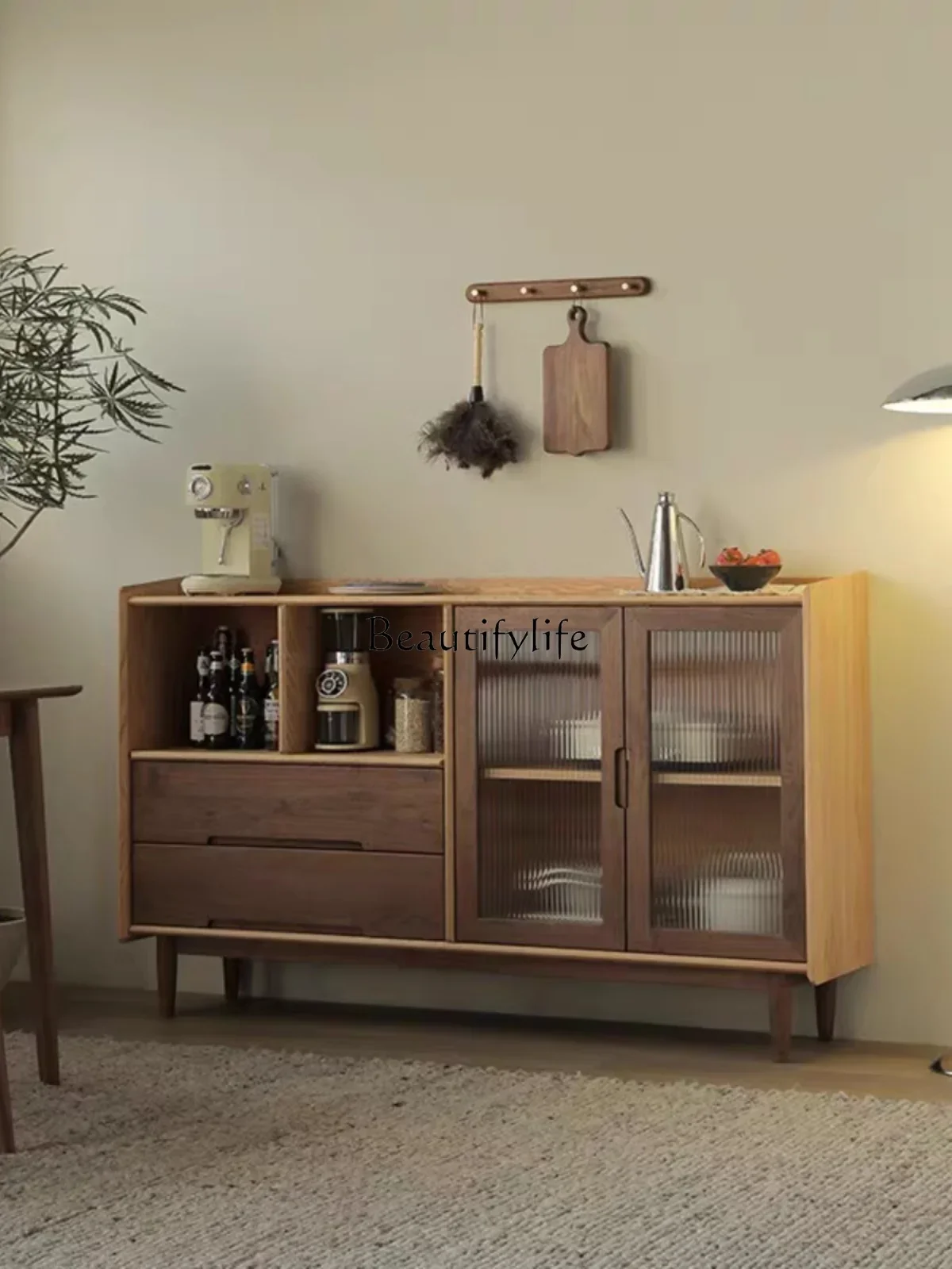 

FG44Solid Wood Black Walnut Dining Edge Simple Modern Kitchen Storage Wine Cabinet Household Cabinet
