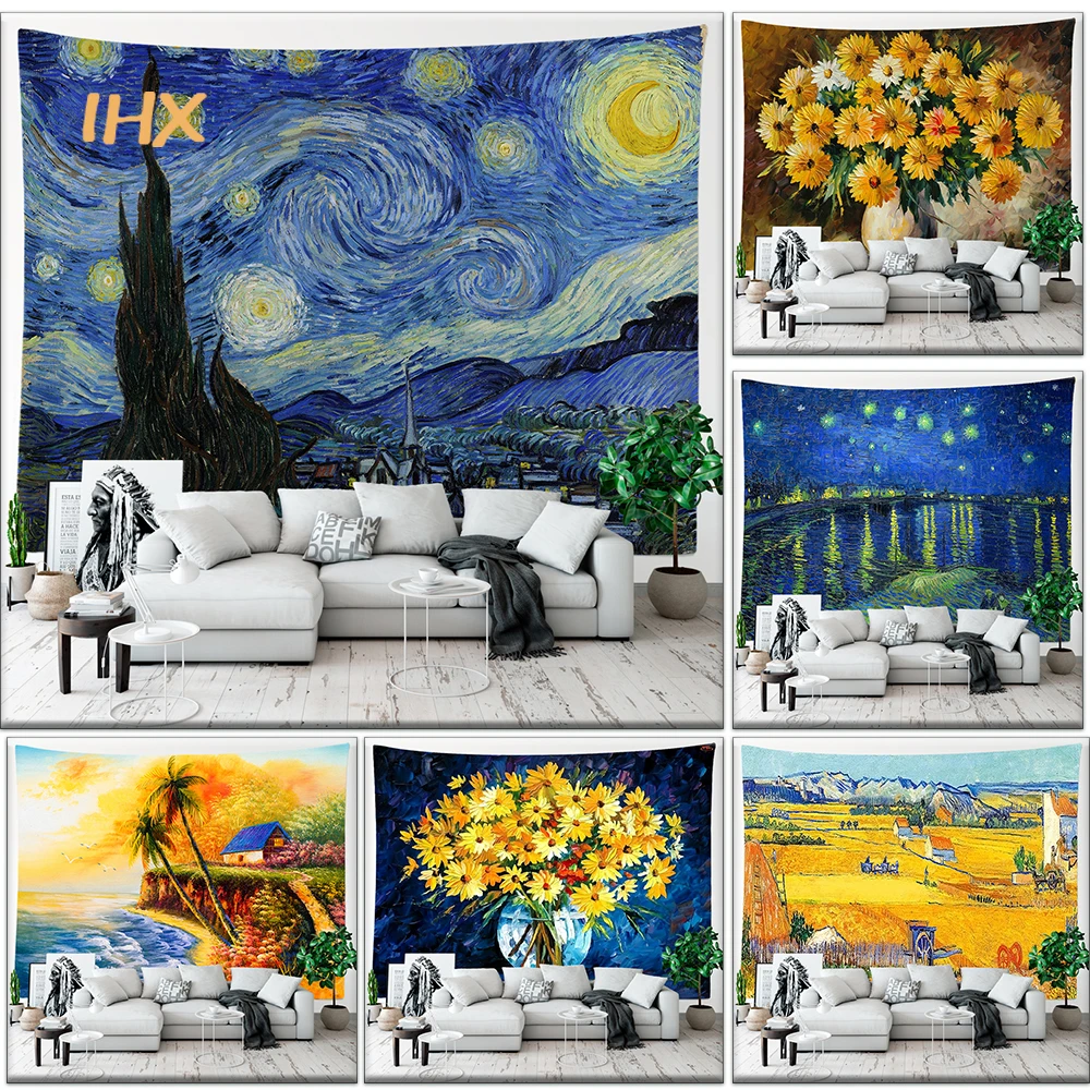 Van Gogh Tapestry Wall Hanging Bohemia Room Decor Hippie Moon Star Night Art Print Tapestry Bedroom Home Decoration Aesthetics