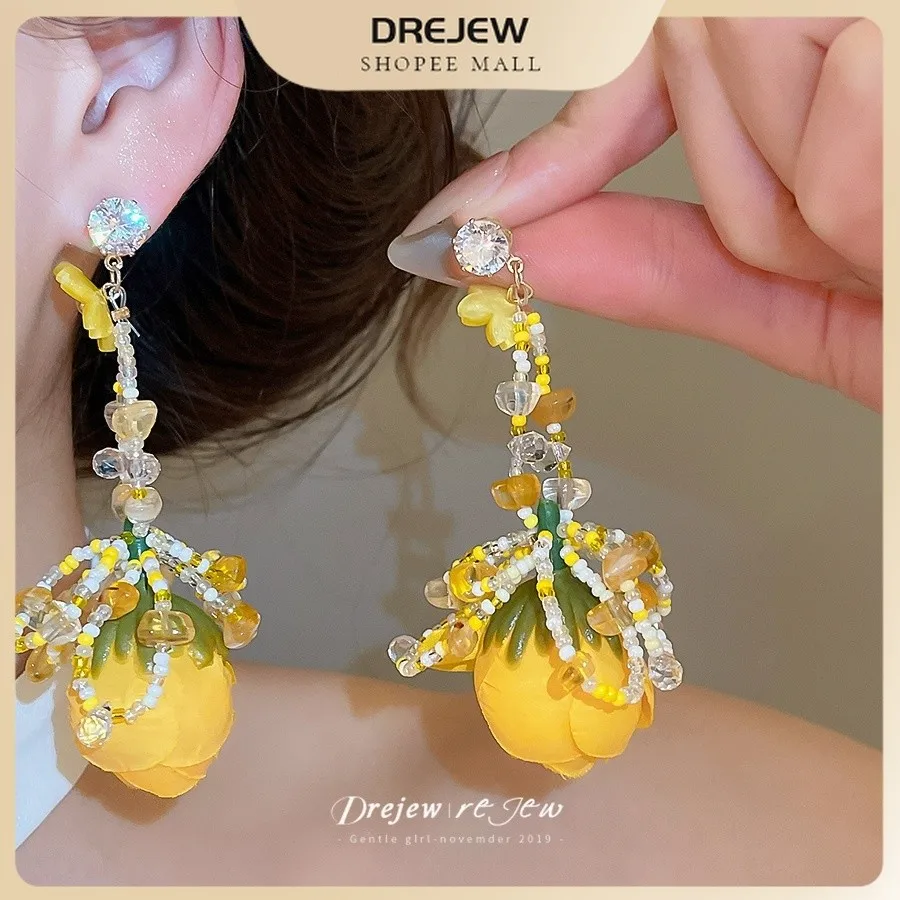 DREJEW love chiffon flower tassel earrings fresh holiday style earrings niche design sweet and versatile accessories