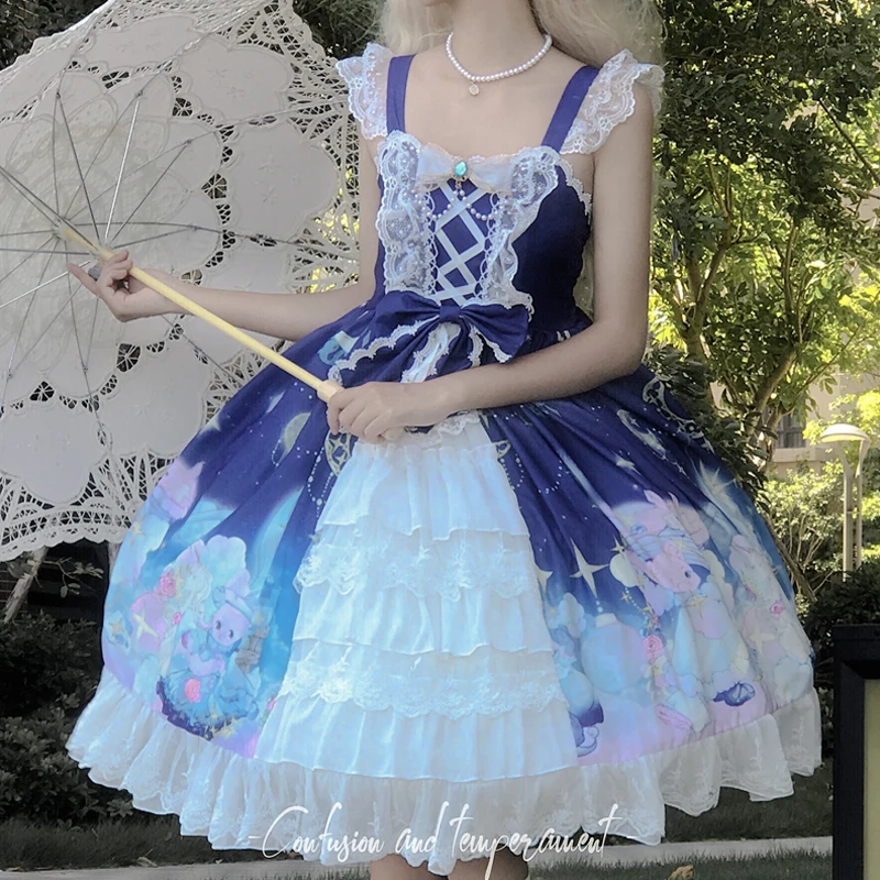 Lolita Style Jsk Dress Women Japan Dream Cosplay Lace Elegant Party Straps Dress Girly Retro Victoria Cartoon Sleeveless Dresses