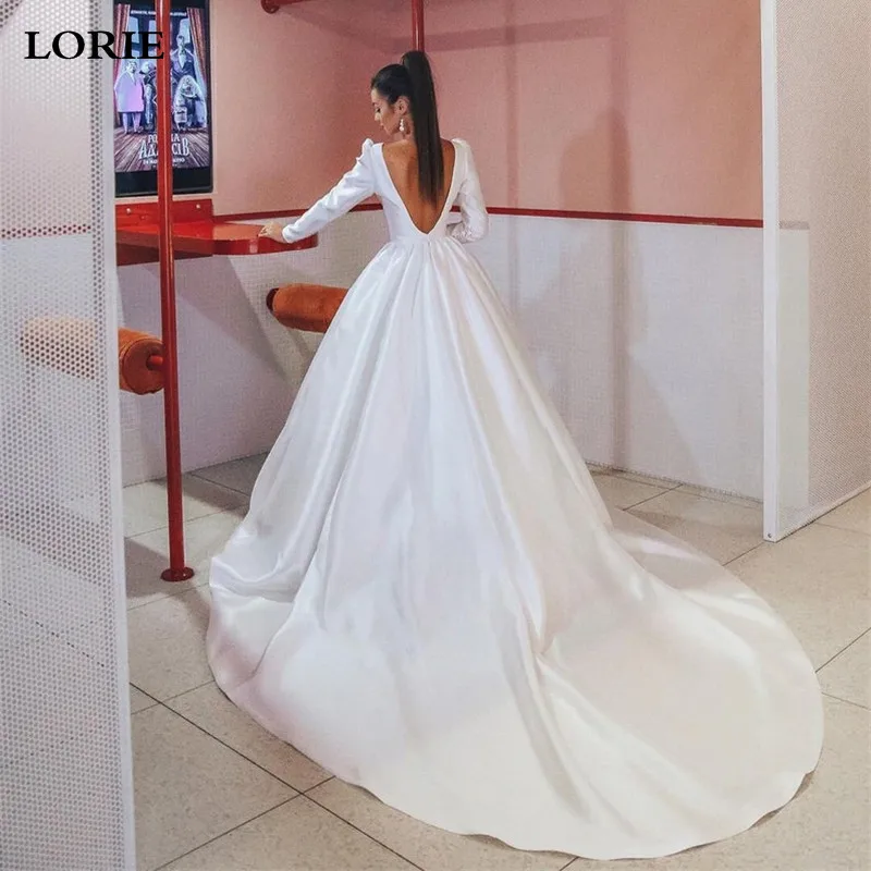 

LORIE Modest Long Sleeve Wedding Dress A Line Open V Back Bridal Dresses Long Train Saudi Arabia Wedding Party Dresses 2023