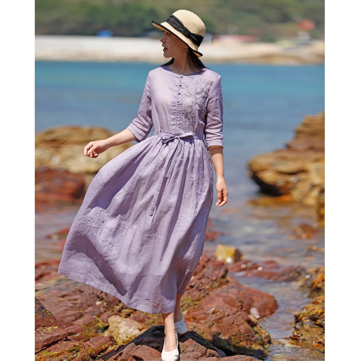 

Summer New Heavy Embroidery 00% Flax Women's Dr Slimming Cotton Linen Fem Model Artistic Sle Midi Skirt Casual Wear