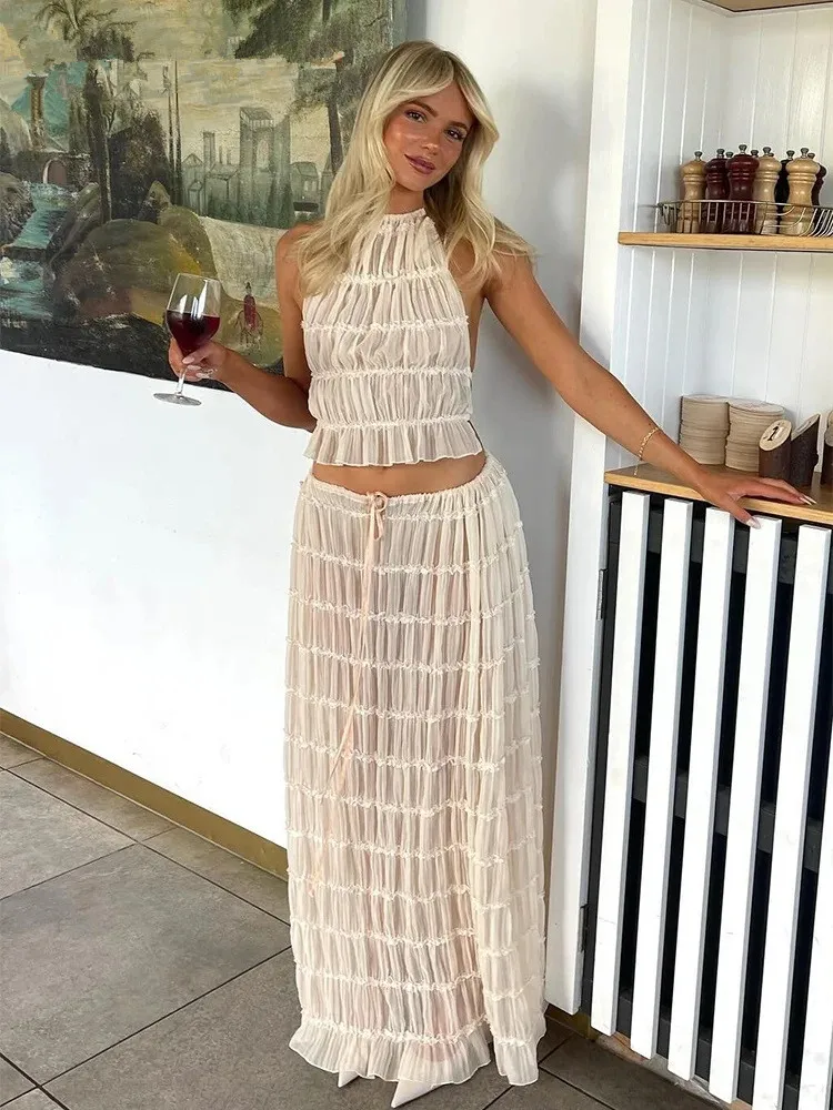 Fashion Halter Neck Long Skirt Suit Women Backless Sling Top Lace Up Fold Maxi Skirts New Summer Female 2 Piece Set Outfits