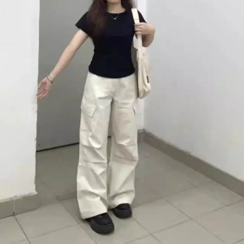 

Summer casual multi-pocket cargo pants women loose high-waisted vertical sense of broad legs drag casual pants