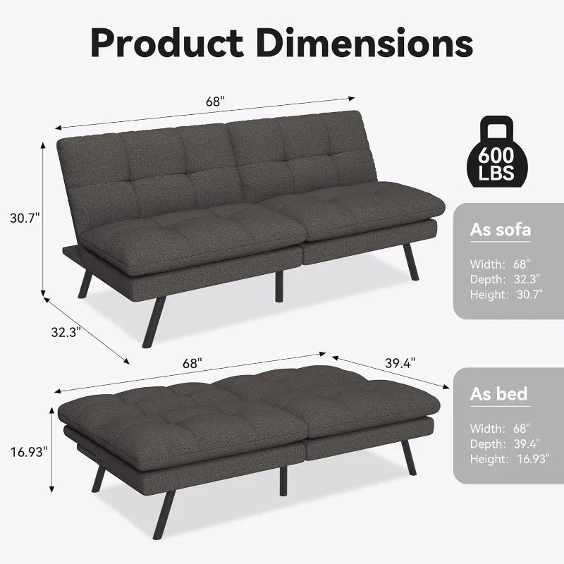 Futon Sofa Bed,Grey Detachable Convertible Couch Memory Foam Futon Convertible Couch Bed Sofa Sleeper Love Seat Daybed