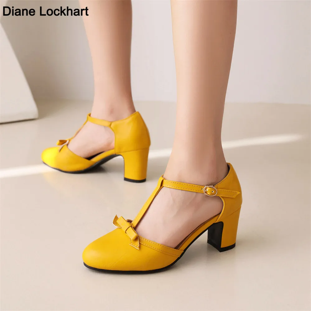 2024 Women High Heels Spring Mary Jane Low High-heeled Shoes Ladies Buckle Round Head Shoes Brown Yellow Apricot Large Size34-43