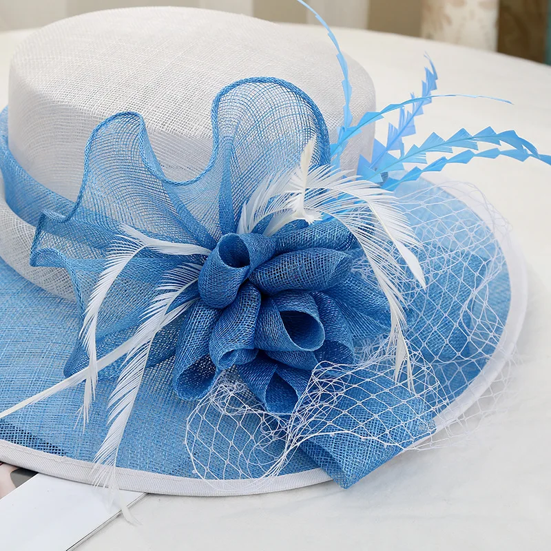 Double hemp yarn pattern design feather accessories big brim sun hat elegant banquet hat wedding beach vacation equestrian hat