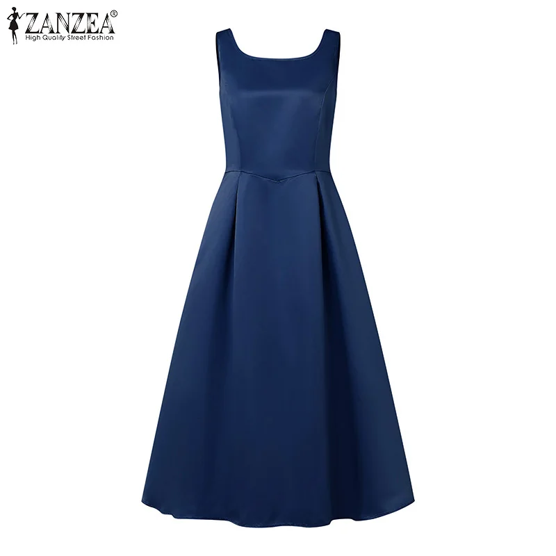 여성 스타일리시 파티 드레스 2025 ZANZEA 우아한 여름 새틴 드레스 민소매 A라인 워크 베스티도스 하이웨이스트 솔리드 OL 선드레스