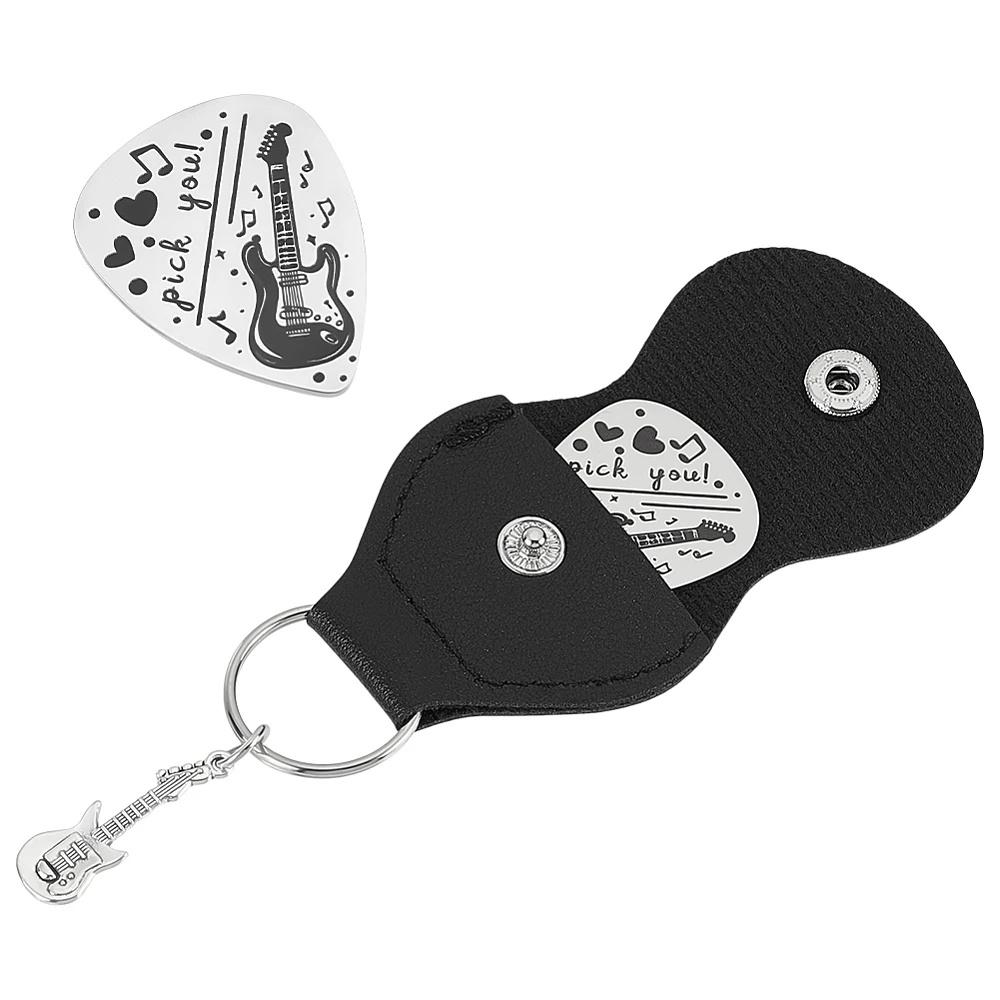 

1set 201 Stainless Steel Guitar Picks with Black PU Leather Guitar Picks Guitar Accessories Picks: 35x28mm Holder: 110x52mm