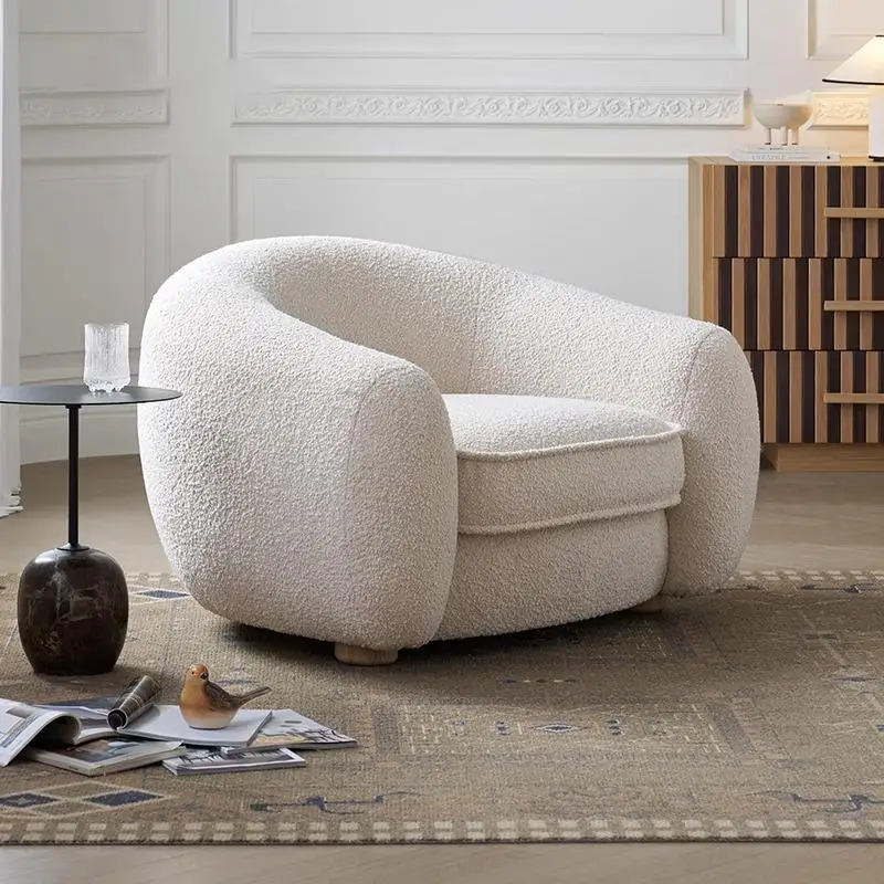 

！@Contemporary Modern Chesterfield Single Seater French Sofa White Cream Oval Shape Cubic Rolled Velvet Fabric Solid Wood Frame