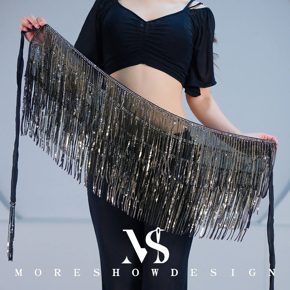Хип-шарф для танца живота, пояс с кисточками и блестками, пояс-цепочка для женщин, 4 слоя, 225 см, реквизит для выступлений на сцене, аксессуары, наряд