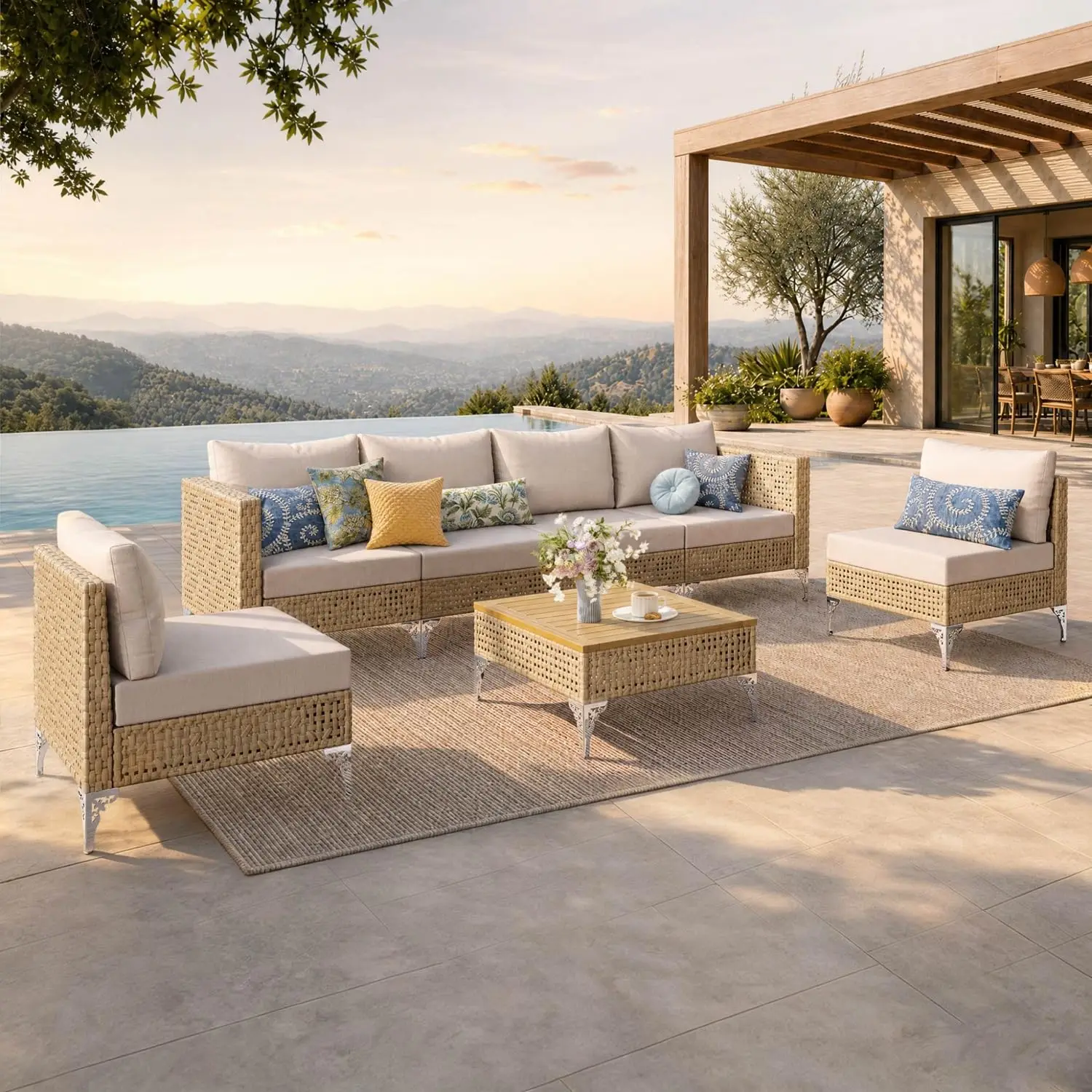 6-Seat Wicker Patio Furniture Set with Sliver Finish Foot, Customized