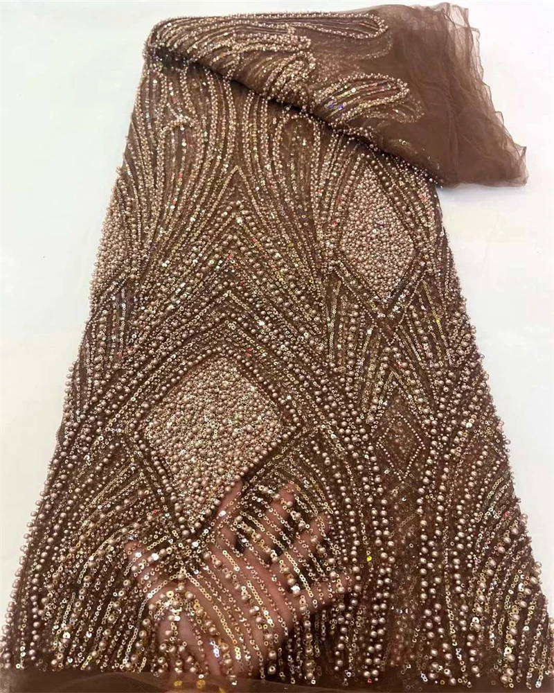 

2025 African Handmade Sequins Net Pearls Lace Fabric French Heavy Beaded Tulle Lace Fabric For Bridal Party Dress Material
