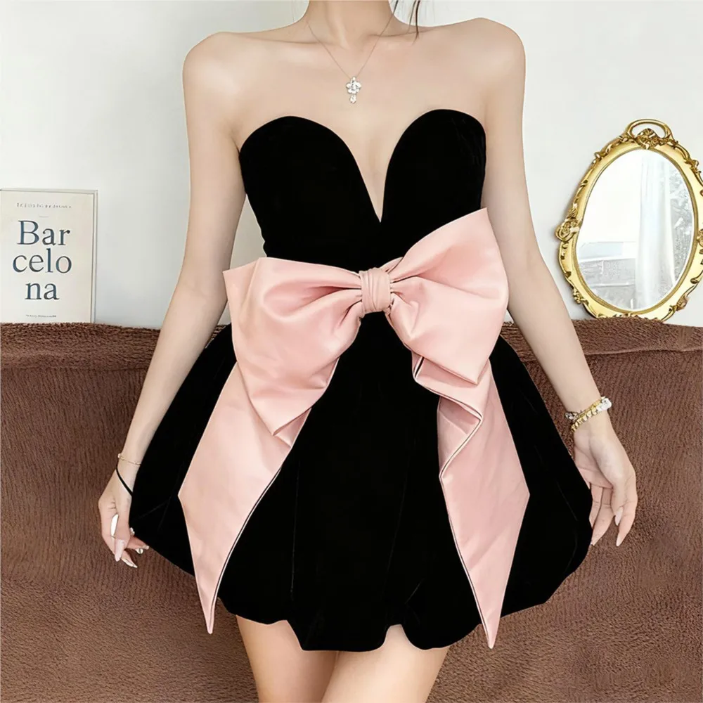 Mode feestjurken voor dames avondjurk rugloze biggenborst vestidos sexy banket slanke strik contrasterende kleur mouwloos