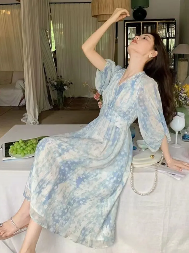 Summer Women's Runway Dresses V Neck Half Sleeves Printed Sweet Fashion A-line Blue Vestidos Clothes For Women Beach Vacation