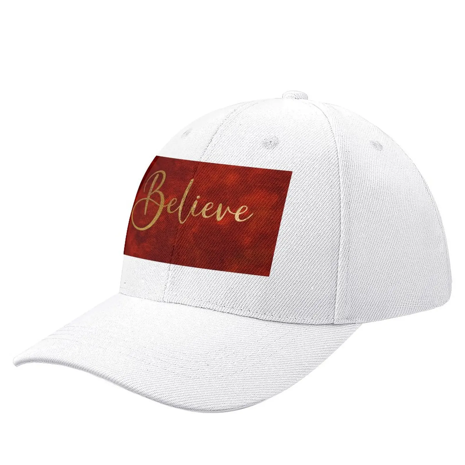 Believe Word Art in Gold Color Script Typography on red burgundy background Baseball Cap Designer Hat Golf Cap Women's Men's