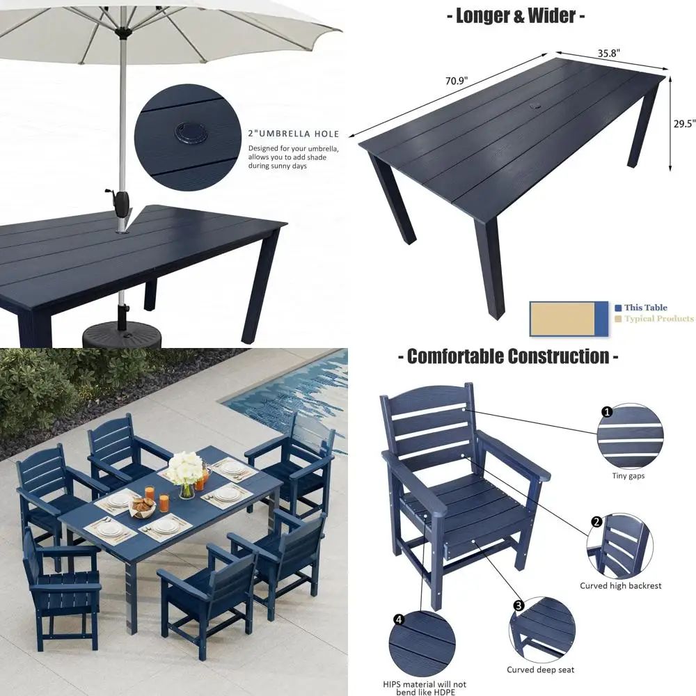 

Navy Blue 7-Piece Patio Dining Set with Weather-Resistant HIPS Material, 70.9-Inch Table and Ladder Back Chairs