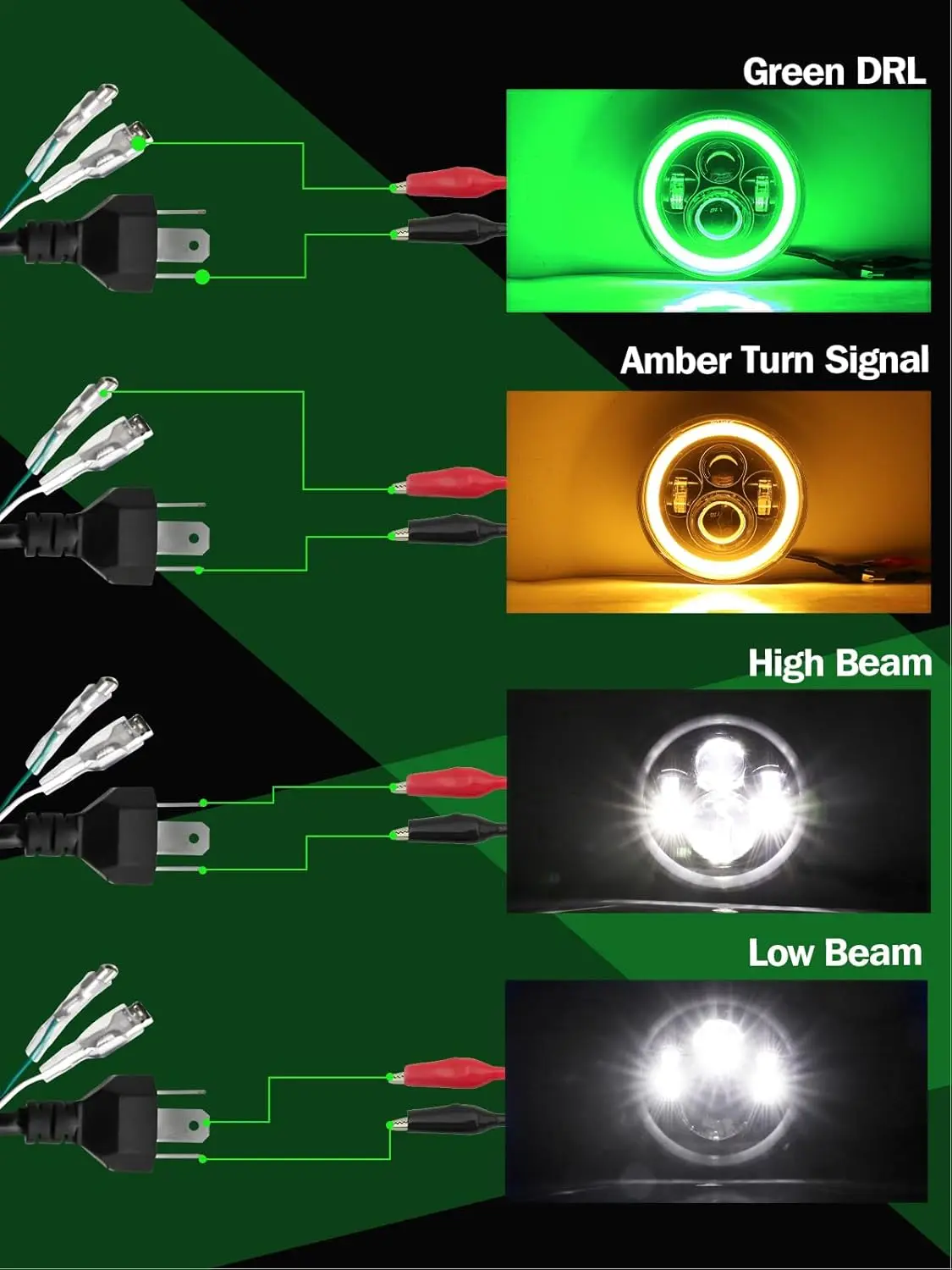 緑のハローLEDヘッドライト,琥珀色の方向指示器付きHi,LOビーム,ラウンド,drl,h6024,ドットap,7インチ,2個