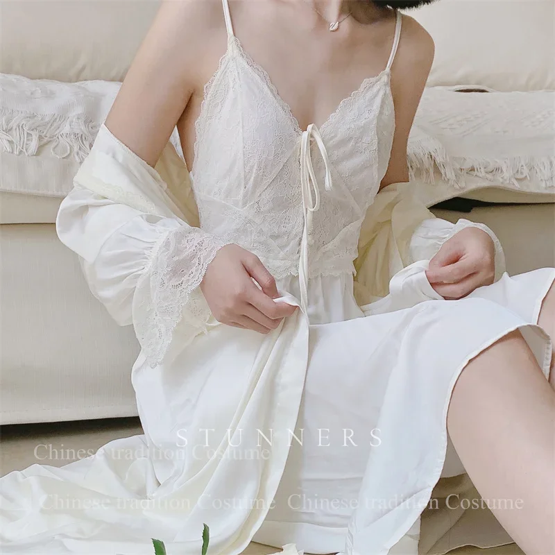 Female Sexy Suspender Nightgown Elegant Palace Style Robe Suit Long Kimono Bathrobe Suit Lingerie Soft Rayon Home Dressing Gown