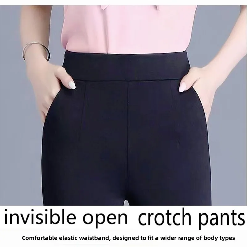 Invisible Zipper Open-crotch Pants Summer Ice Silk Thin Micro-horn Nine-point High Waist Drape Waist Women's Bell Pants