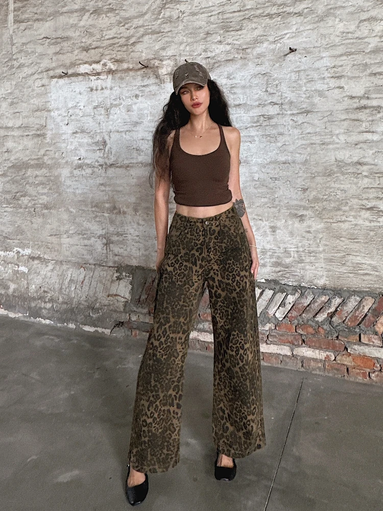 Trendy Gradient Leopard Print Loose Fit Straight Leg Jeans High Waist Cotton Casual Pants for Women Commute Style