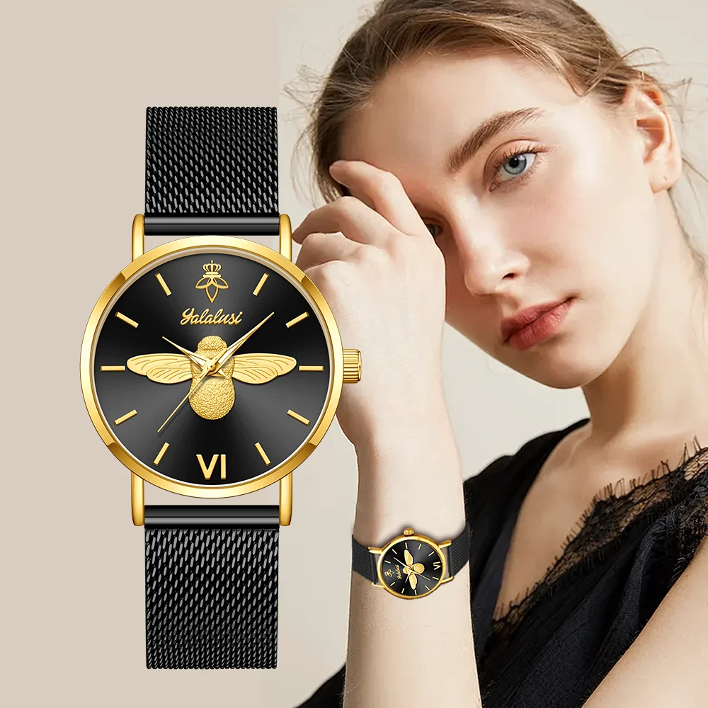 YaLaLuSi Minimalist Quartz Couple’s Watches with 3D Bee Relief Design for Men and Women Relojes De Mujeres