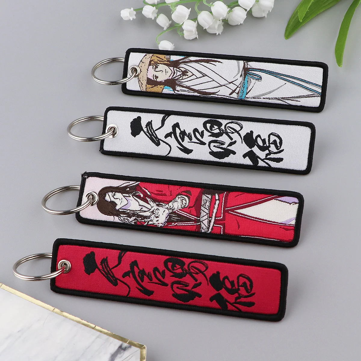 Japanese Wave Woven Label Key Chain Cherry Blossom Pendant Tianguan Blessing Certificate Hanging Decoration Cloth Key Chain Acce