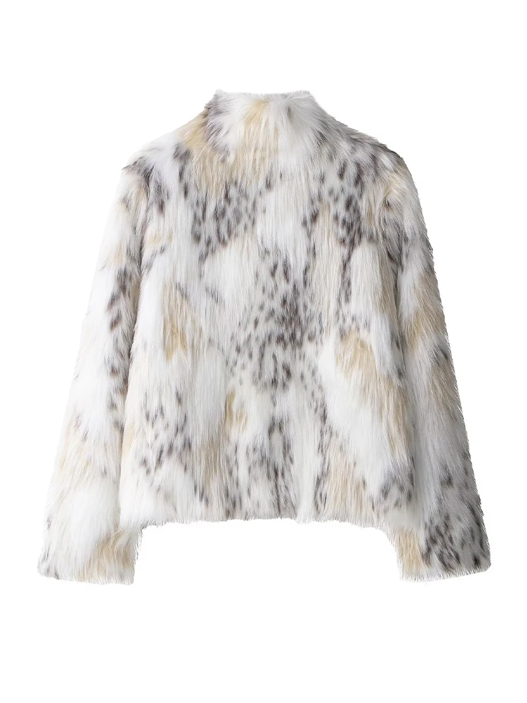 HH Mode Vrouwen Winter Nepbont Effect Jas Hoge Kraag Lange Mouwen Print Uitloper 2025, Vrouwelijke Warme Street Style Jas