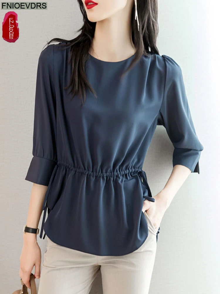 

Chiffon Blouses New Fashion Women Summer Half Sleeve Elegant Office Lady Shirring Waist Peplum Top Basics White Shirts