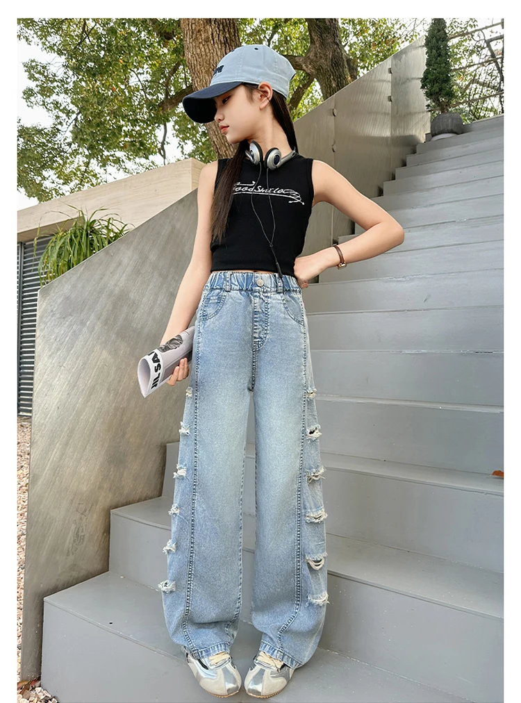 Jeans für Teenager-Mädchen mit seitlichen Löchern, lässige Mode, Sommer, Kinder, weites Bein, zerrissene Jeanshosen, Schulhosen aus Denim, 10-12 Jahre – Detail 6