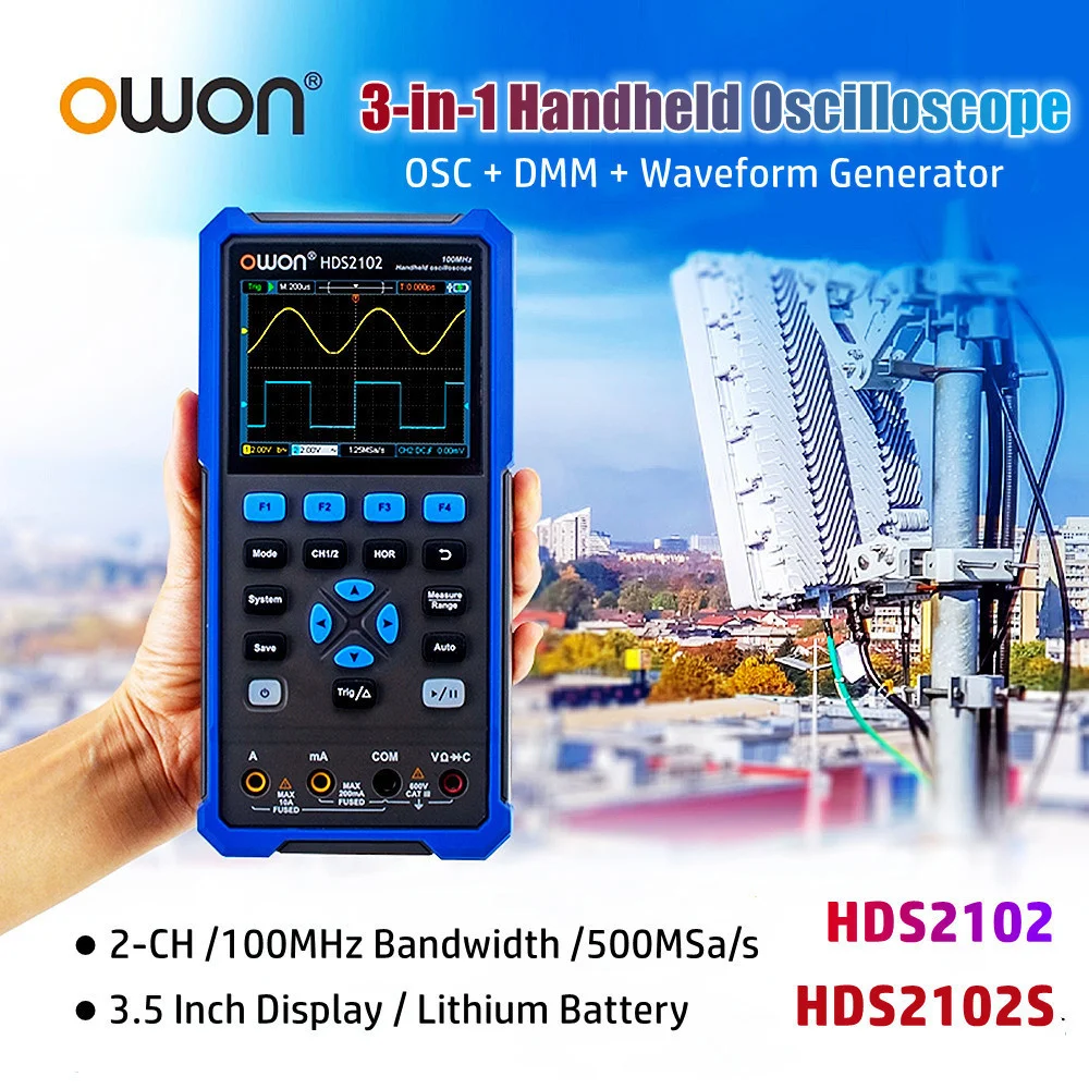 OWON HDS2102S HDS2102 3-in-1 Handheld Oscilloscope 100MHz Bandwidth 2-CH 20000 Counts Multimeter OSC + DMM + Waveform Generator