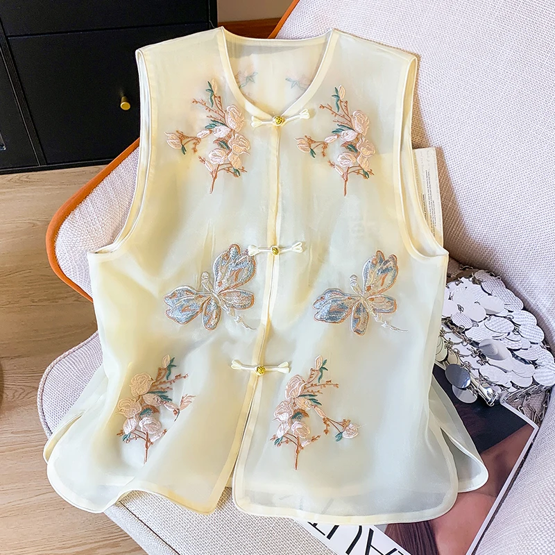 

New Chinese Sle Summer Thin Embroidered Silk Euro Organ Bal Vest Women's Jiaoguang Tang Costume oulder Pad Outerwear