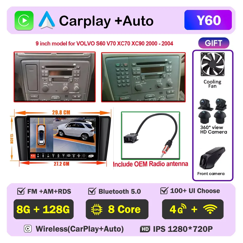 Auto radio CarPlay voor Volvo XC70 V70 S60 2000-2009 Android Auto multimediaspeler stereo 8-core autoradio DSP 5G WIFI scherm DVD