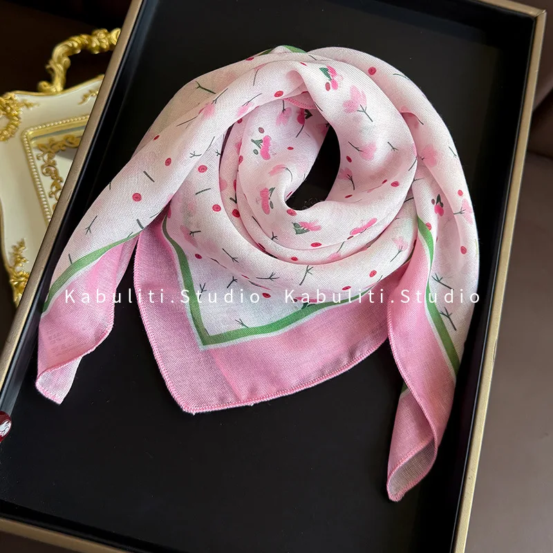 Pink Floral Cotton Linen Bandana for Women Korean Sweet Head Wrap Sun Block Neck Scarf Lightweight Soft Breathable Premium Daily