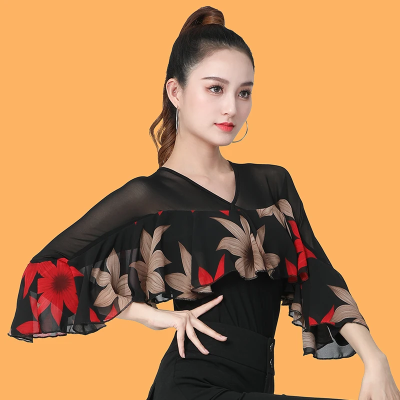 4สีดอกไม้พิมพ์ Ballroom Dance Tops Ruffle แขนยาว Tango Dance เครื่องแต่งกายหญิง Waltz เต้นรำ Leotard YS4079