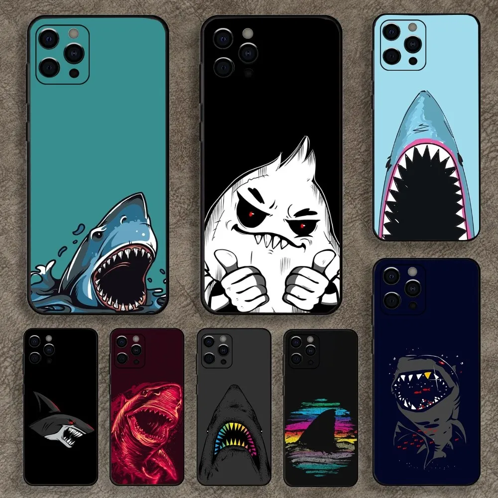 Cartoon Shark Ferocious Phone Case For Apple iPhone 15,14,13,12,11,Pro,X,XS,Max,XR,Plus,Mini Soft Black Cover