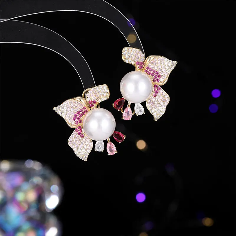 

Легкие роскошные, элегантные и элитные стильные серьги S925, серебряные иглы, микроинкрустированные цветным цирконом, жемчужные серьги для женщин