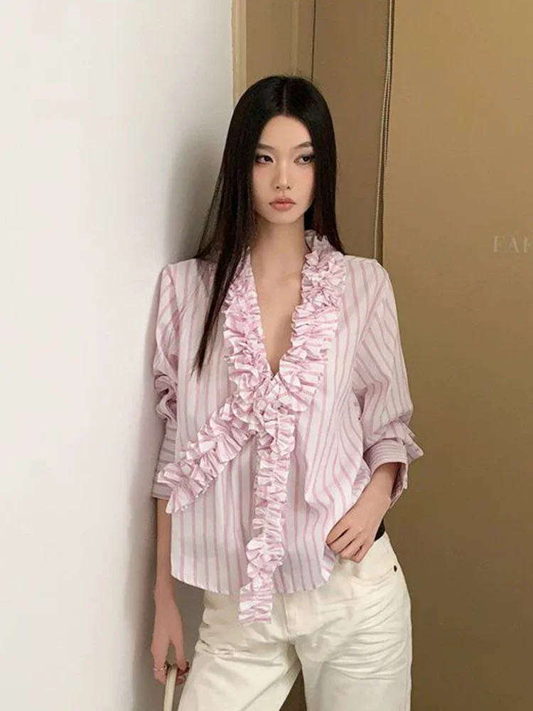 الوردي مخطط الخامس الرقبة بلوزة المرأة فضفاضة خمر الحلو الكشكشة طويلة الأكمام قميص الفرنسية أنيقة طويلة الأكمام الخريف الإناث الرجعية القمم #4