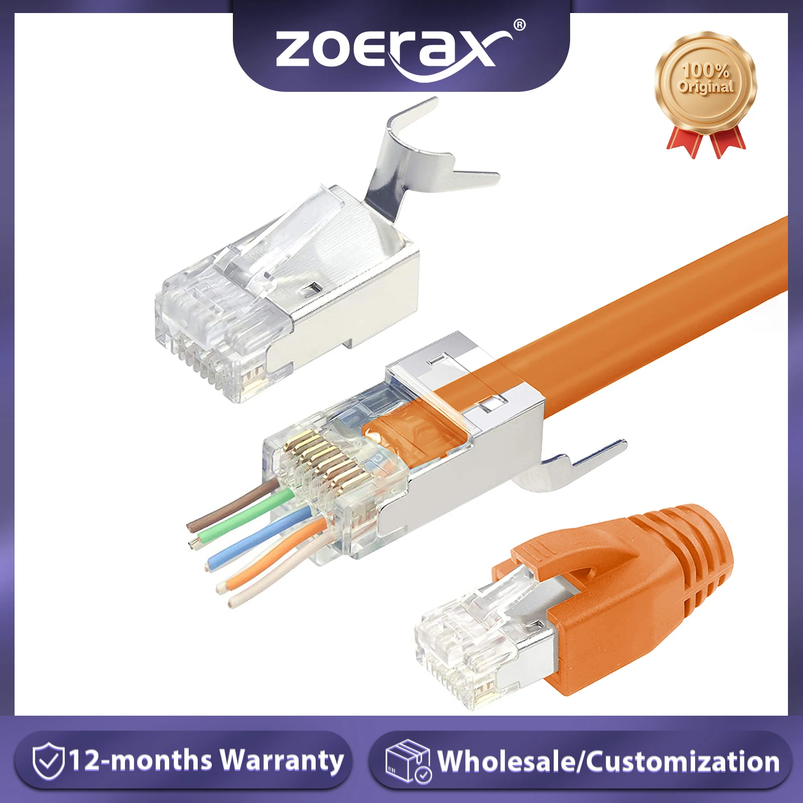 ZoeRax Cat7 Cat6A RJ45 Shielded Pass Through Connectors 50μ Gold Plated Modular Plug Ethernet Connector with Strain Relief Boot