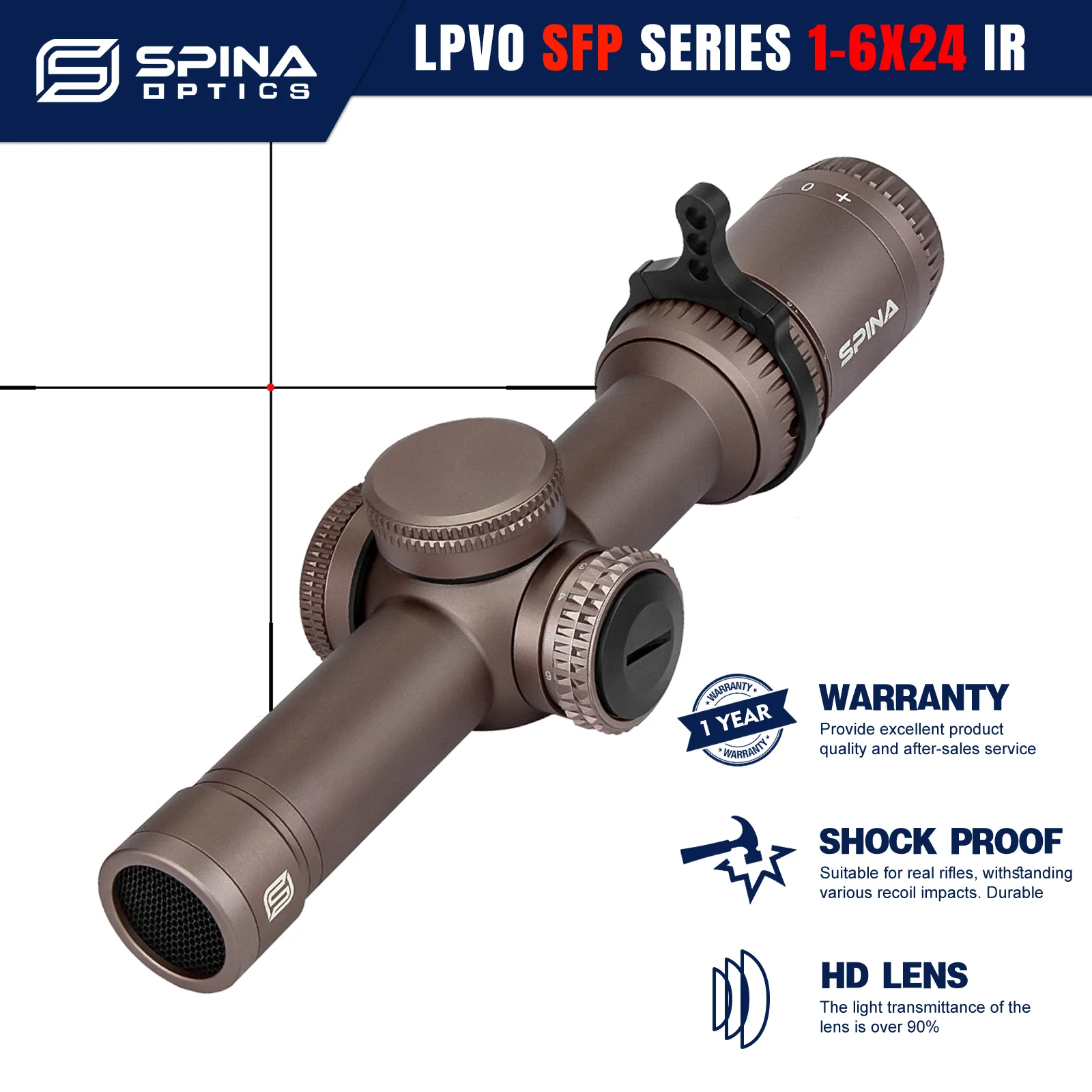 SPINA OPTICS LPVO HD 1-6X24 Red Fiber IR Mid Dot Red Dot Copper Color Tactical Hunting RifleScope  Sight  PCP AR15 5.56.308 22LR