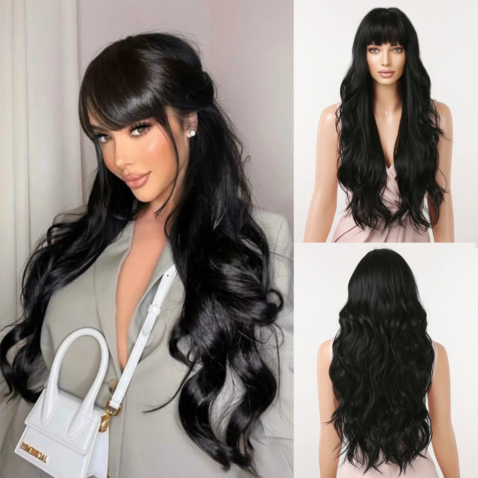 Black Long Curly Wavy Synthetic Wigs with Bangs  Natural Hair Wig for Women Cosplay Daily Party Use Heat Resistant Fiber Wig